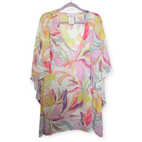 NWT SOMA Size XS / S Swim Chiffon V-Neck Caftan Floral Multicolor Party Palms - Picture 1 of 4
